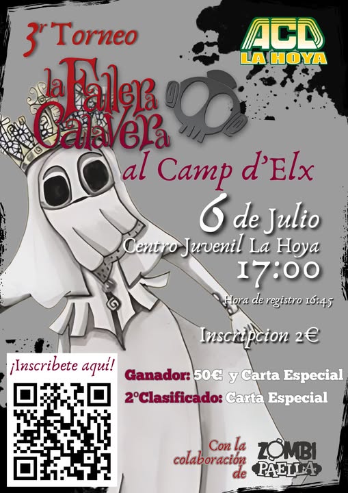 Puede ser una imagen de texto que dice "ACD LA HOYA 3' Torneo sla Falen alavera 60al Camp d'Elx 6 deJulio de Julio Centro Juvenil La Hoya 17:00 Hora de registro 16:45 Inscripcion 2ਉ ¡Inscribete aquí! Ganador: 50€ y Carta Especial 2°Clasificado: Carta Especial Con la colaboración PAELLA ZOMBI"