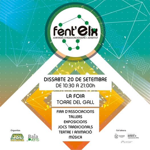 Puede ser una imagen de ‎texto que dice "‎fent'e אוש'זח Εл JORNADES D'ASSOCIACIONISME JORNADESDRSSOCIACIONISMEIJOVETUT JOVENTUT DISSABTE 20 DE SETEMBRE DE 10:30 A 21:00h LA FOIA TORRE DEL GALL Organitza FIRA D'ASSOCIACIONS TALLERS EXPOSICIONS JOCS TRADICIONALS TEATREI ANIMACIÓ MúSICA CL HOYA Jovens Bata Col-labara Col. に目 ንደስ፡ና Cabbeada STRICTE12 Ajuntazwaidn1 P"‎"‎