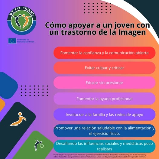 Puede ser un gráfico de texto que dice "FIT ERIENO fundedby Eurapean Cómo apoyar a un joven con un trastorno de la Imagen Fomentar la confianzay la comunicación abierta Evitar culpar y criticar Educar sin presionar Fomentar la ayuda profesional Involucrar a la familia y las redes de apoyo Promover una relación saludable con la alimentación el ejercicio físico. Desafiando las influencias socialesy mediáticas poco realistas ปกีย เวพรเ wathontianh nkracnatly EиopBйς! Unianno sranng authony eresponstle"