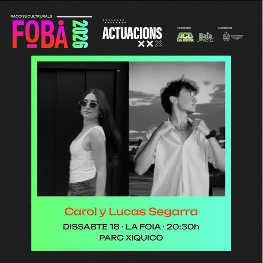 Puede ser una imagen de una o varias personas y texto que dice "RACONS SCULTRURALS RACONSCULTRURALS CUL FOBA 202 ACTUACIONS Xx Caliabortz Organitaa ACL LA SOYA DY Bala NE oveis 最に Carol CarolyLucasSegarra y Lucas Segarra DISSABTE 18 LA FOIA• 20:30h PARC XIQUICO"