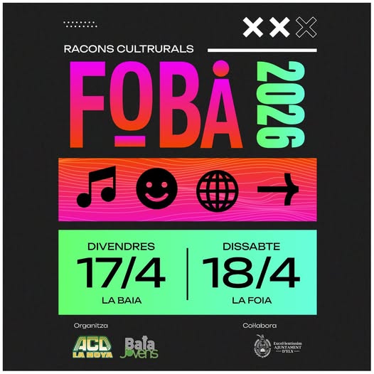 Puede ser una imagen de texto que dice "xxx RACONS FOBAAZ ONSCULTRURALS CULTRURALS 236 J DIVENDRES 17/4 LABAIA LA BAIA DISSABTE 18/4 LAFOIA Organ ία ACD LA HOYA Colabora Bata Jovens Escrdkeniassim EN D'EL"