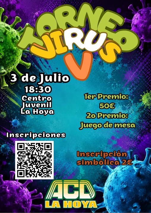 Puede ser una imagen de texto que dice "ORN IRU 3 de Julio 18:30 Centro Juvenil La Hoya 1er Premio: 50€ 2o Premio: Juego de mesa Inscri Inscripciones Inscripción] simbólica2 ACO LA HOYA"