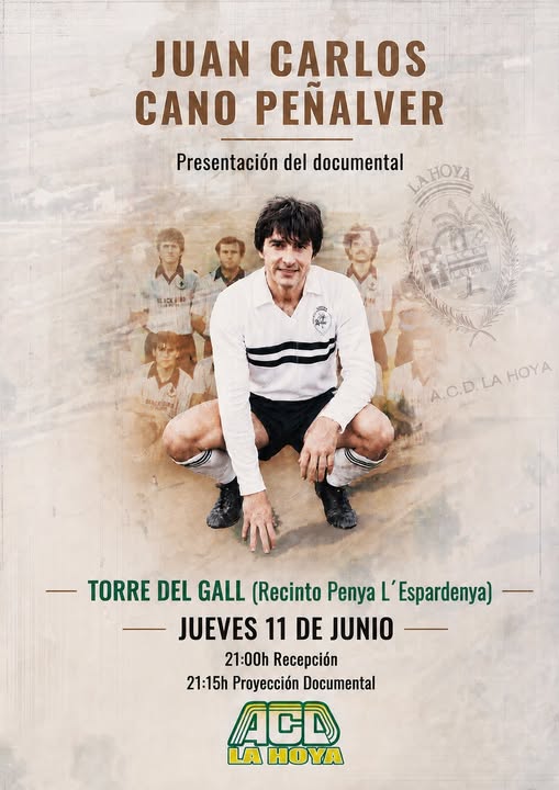 Puede ser una imagen de texto que dice "JUAN CARLOS CANO PEÑALVER Presentación del documental HOYA 日Lだ書 BMU sufcriaod] A.C.D. A.C.D.LAHOYA LA HOYA TORRE DEL GALL (Recinto Penya L' L'Espardenya) JUEVES 11 DE JUNIO 21:00h Recepción 21:15 Proyección Documental ACO ΗΟΎΑ"